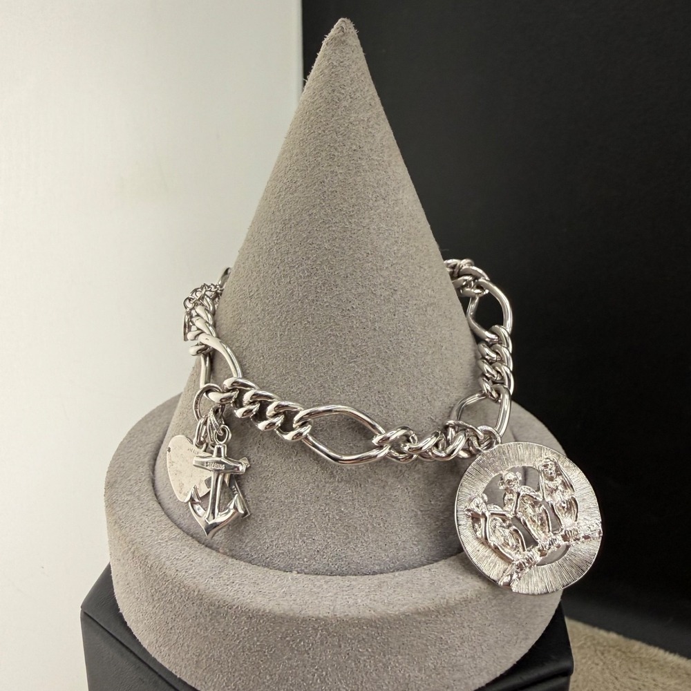 Vintage Monet Charm Bracelet Silver Tone Anchor Cross Globe 7"